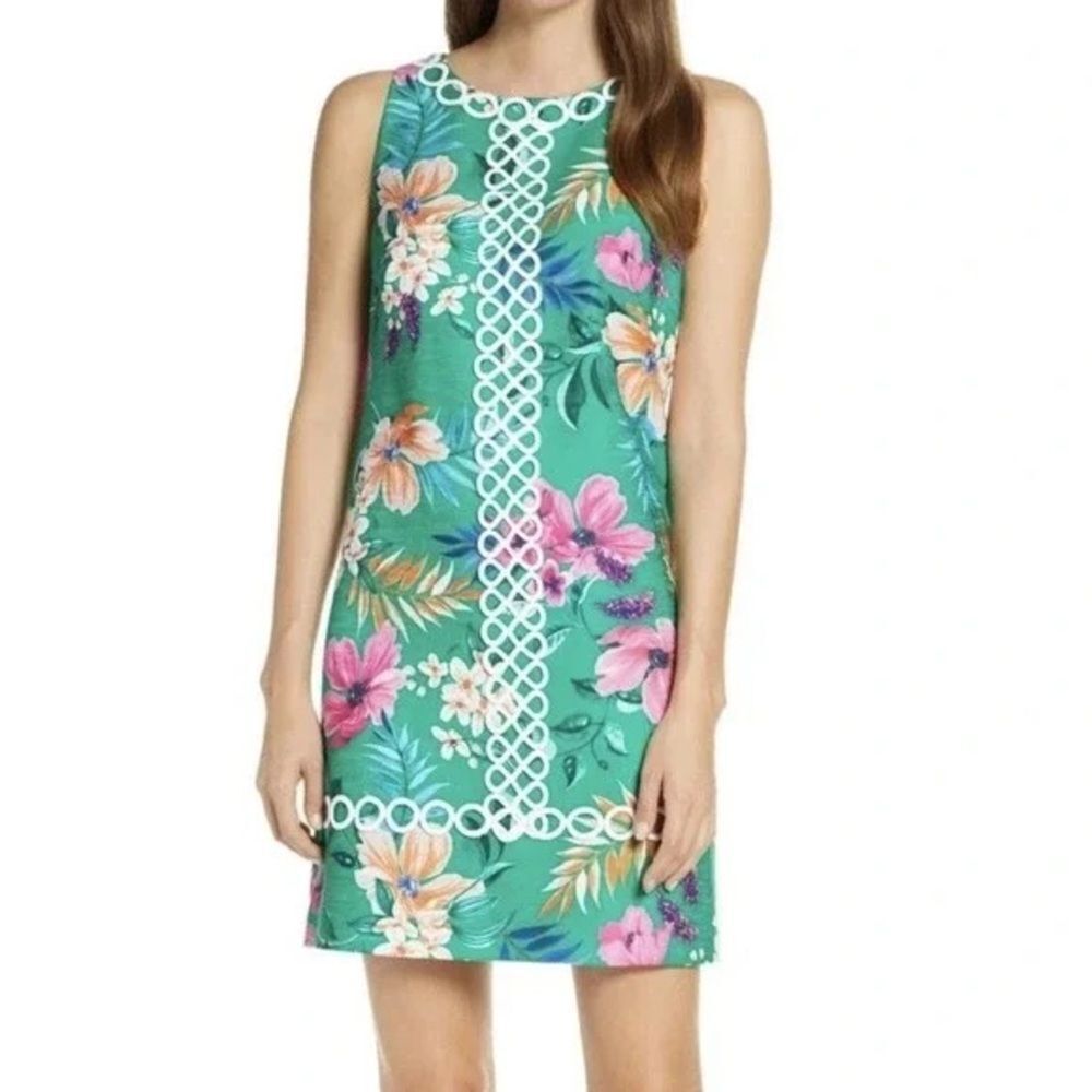 NWT Eliza J Shift Dress Women's Size 10 Green & Pink Floral Lace Trim